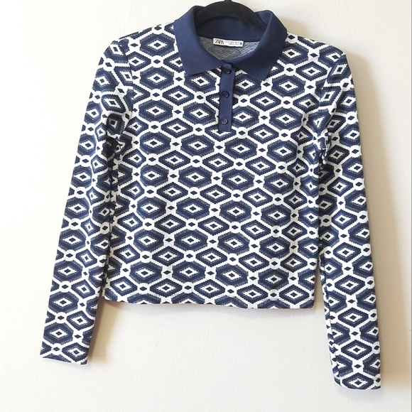 Zara Tops - Zara Top Women Small Blue white Geometric Button Front Collared Polo Long Sleeve